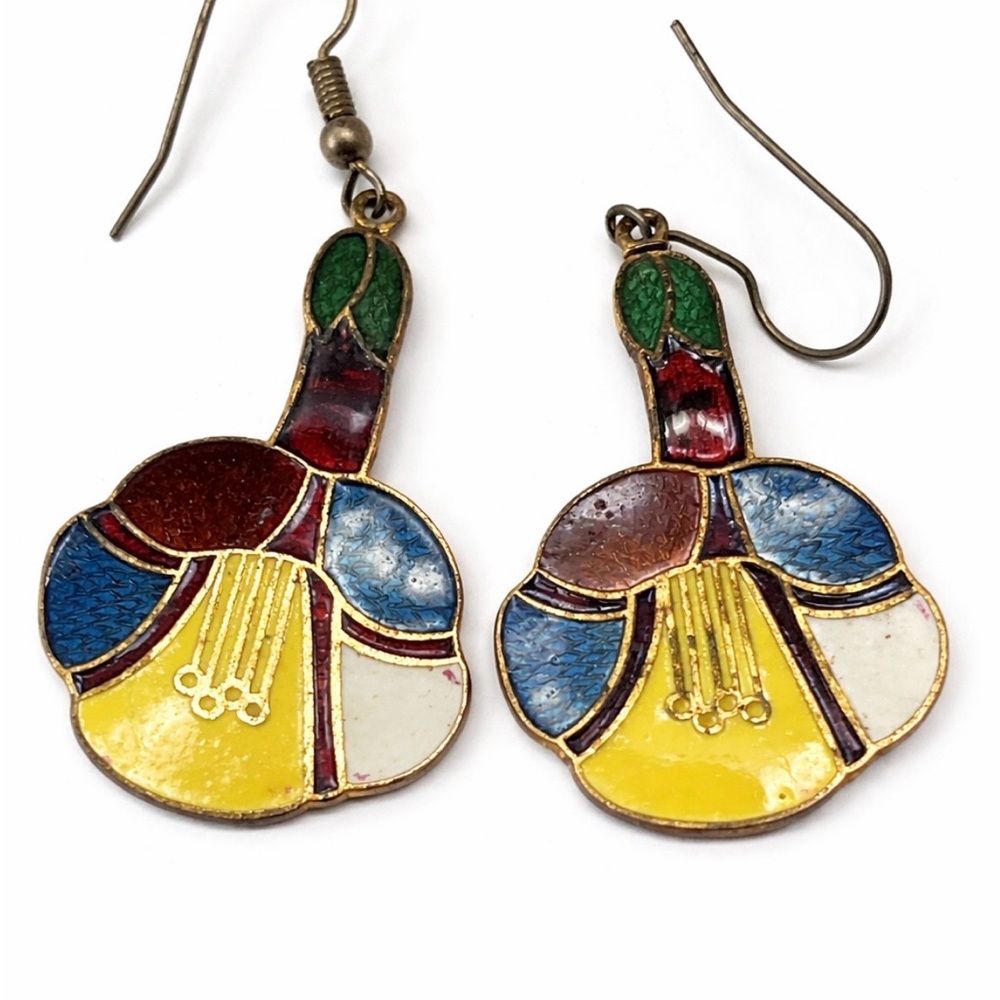 Vintage Cloisonné Enamel Floral Dangle Earrings Multi Colored Gold Tone - Picture 2 of 4
